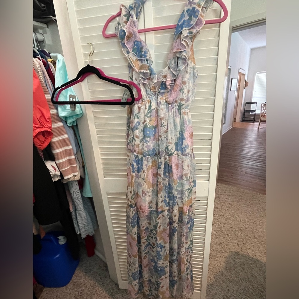 Worn once- multicolored flower chiffon maxi with open back